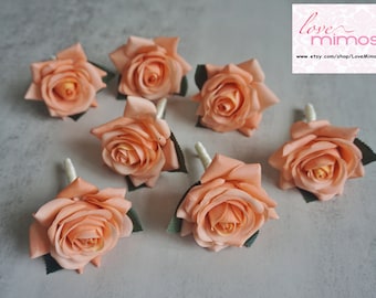 Men's Boutonniere, Peach Rose with Ivory ribbon, Silk Flower Corsage, Groomsman Gift, Prom Accessories, Lapel Pin, Pin on corsage