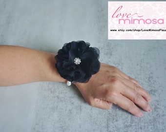 Wrist Corsage, Black Chiffon Flower Corsage, Black bridal Corsage, great gatsby corsage, Wedding Flowers, Bridesmaid Gifts, Prom Accessory