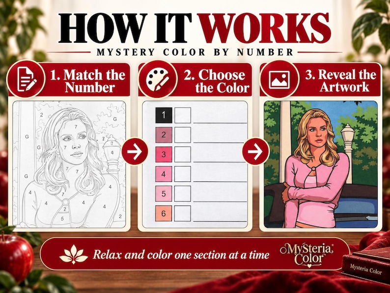 How mystery color by number works: match the number, choose the matching color and reveal the completed Desperate Housewives artwork