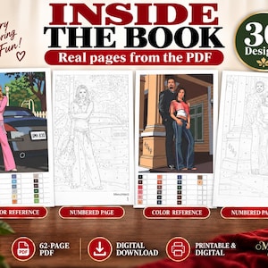 Preview of real Desperate Housewives color by number pages showing full color references and detailed numbered mystery coloring pages