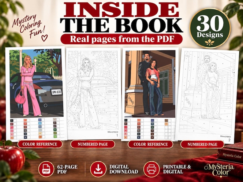 Preview of real Desperate Housewives color by number pages showing full color references and detailed numbered mystery coloring pages