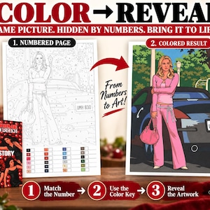 Desperate Housewives numbered coloring page shown beside its matching full color reference for a mystery color by number reveal