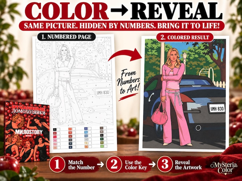 Desperate Housewives numbered coloring page shown beside its matching full color reference for a mystery color by number reveal