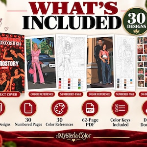 Desperate Housewives coloring book PDF with 30 mystery designs, 30 numbered pages, color references, color keys and digital download