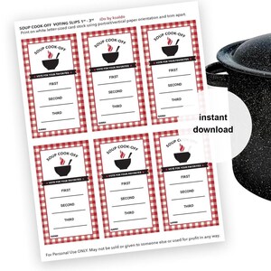 Puede incluir: Boletines de votación imprimibles para un concurso de sopa. Los boletines tienen un fondo a cuadros rojo y blanco con una silueta negra de un tazón de sopa con una llama en la parte superior. El texto "SOUP COOK-OFF" está en la parte superior del boletín. El texto "VOTE FOR YOUR FAVORITES" está debajo del tazón de sopa. Hay tres líneas debajo del texto para que los votantes puedan escribir sus opciones para el primer, segundo y tercer lugar.