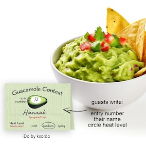 GUACAMOLE CONTEST Tented Entry Number Cards - Guac Off - Guac-Off - Best Guacamole -Guacamole Tasting -Name and Heat Level -Guacamole Labels