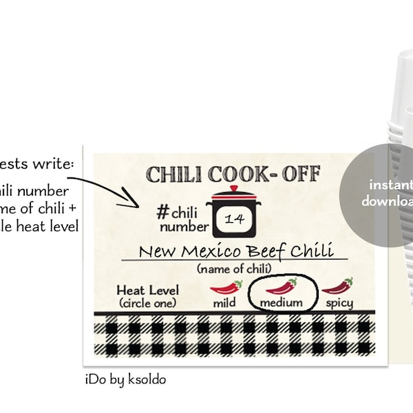 Chili Cook-Off TENTED TABLE CARD with Number, Chili Name, and Heat Level - Chili Cook Off Pot Numbers - Chili Labels - Chili Contest - Chili