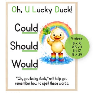 May include: An educational anchor chart titled Oh, U Lucky Duck! featuring a yellow duckling holding a four-leaf clover under a rainbow. The text lists the words Could, Should, and Would with underlined letters. Available in 8x10, 8.5x11, 11x17, and 18x24 inches.