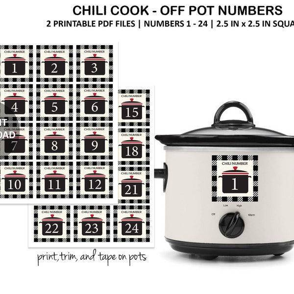 Chili Cook Off POT NUMBERS 1 - 24 -Chili Cook Off -Chili Competition -Chili Contest -Chili Tasting -Chili Numbers -Cooking Contest-Printable