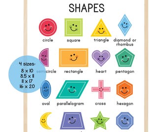 May include: A white educational poster titled SHAPES featuring sixteen colorful geometric shapes with smiling faces and labels. A blue circular overlay lists four sizes: 8x10, 8.5x11, 11x17, and 16x20 inches. The bottom right corner displays the text iDo by ksoldo.