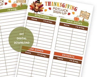Może przedstawiać: Arkusz zgłoszeniowy na Thanksgiving Potluck. Dwa pliki PDF do druku, 21,6 x 27,9 cm. Projekt zawiera indyka, dynie i jesienne liście. Arkusze zgłoszeniowe mają sekcje na imię, datę, godzinę, miejsce i co goście przyniosą.