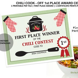 Chili Cook Off First Prize Certificate - Chili Cook Off Winners Certificates - Chili Awards - Chili Prizes - Chili - Awards - DIY - Download