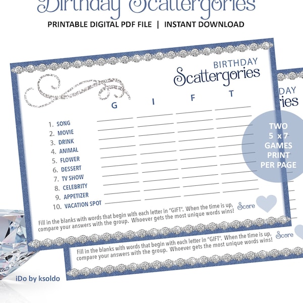 Denim and Diamonds BIRTHDAY Scattergories Game - Scattergories - Denim and Diamonds Birthday - Birthday Game - Printable - Instant Download