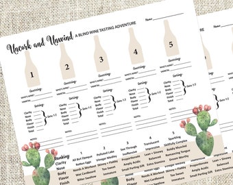May include: Printable blind wine tasting kit with 10 bottle tags, 2 rating sheets, and instructions. The design features a cactus illustration with pink flowers.