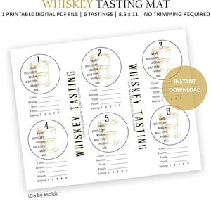 Tapis de dégustation de whisky pour un vol de 6 personnes - Dégustation de whisky - Dégustation de whisky - Note du whisky - Cartes de score de whisky - Notes de whisky - Imprimable