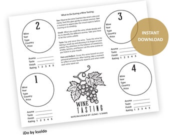Può includere: Tappetino per la degustazione del vino stampabile con quattro cerchi per valutare l'aroma, il gusto, il finale e la valutazione generale del vino. Ogni cerchio ha spazio per scrivere il nome del vino, l'anno, il tipo, il paese e il prezzo. Il tappetino presenta un'illustrazione in bianco e nero di uva e viti.