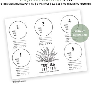 Tapete de degustação de tequila para 5 degustações - Tequila Party - Classificação de tequila - Cartão de pontuação de tequila - Notas de degustação de tequila - Sabor do México - Para impressão