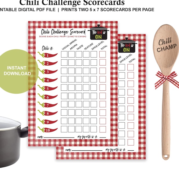 CHILI CHALLENGE SCORECARDS Red Gingham - Chili Cook Off - Chili Tasting - Chili Contest -Chili Competition -Voting Ballots -Chili -Printable