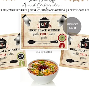Chili Cook Off First Second and Third Prize Certificates - Chili Cook Off Winners - Chili Award Certificates -Chili Contest Printable -Chili
