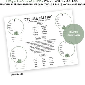 Tapete de degustação de tequila e guia para 4 degustações - Tequila Party - Classificação de tequila - Cartão de pontuação de tequila - Tapete de degustação de tequila - Notas de degustação - DIY
