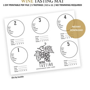 Tapete de degustação de vinhos para vôo de 5 - Festa de degustação de vinhos - Degustação de vinhos - Classificação de vinhos - Cartões de pontuação de vinhos - Aniversário de vinho - Notas de vinho -Imprimível