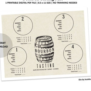 May include: Printable bourbon tasting mat with four sections for rating aroma, taste, finish, and total score. Each section has a space for notes about the bourbon. The mat features a vintage illustration of a bourbon barrel.