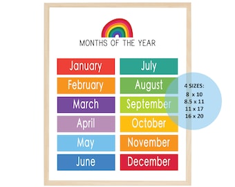 MONTHS of the YEAR Printable - Educational Poster - Classroom - Homeschool - Montessori -Calendar -Rainbow -Sign -Poster -Months -Printable