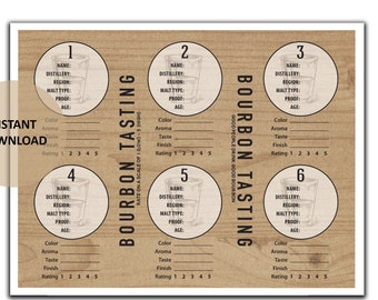 Bourbon Tasting Mat for Flight of 6 - Bourbon Tasting Party - Bourbon Tasting -Bourbon Rating -Bourbon Scorecards - Bourbon Notes -Printable