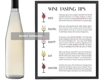 Consejos imprimibles para la cata de vinos - Guía de cata de vinos - Notas de cata de vinos - Tarjeta de cata de vinos - Cartel de cata de vinos - Fiesta de cata de vinos - Tabla de vinos