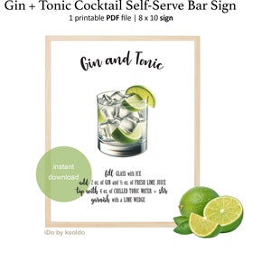 Znak baru samoobsługowego z koktajlem Gin i Tonic - Przepis na drinka Gin i Tonic - Przepis na koktajl Gin i Tonic - Znak baru Gin i Tonic - Do wydrukowania