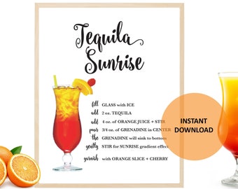 Tequila Sunrise Bar Sign - Tequila Sunrise  - Tequila Sunrise Cocktail - Cocktail Recipe - Tequila Sunrise - Digital Print - Sign -Printable