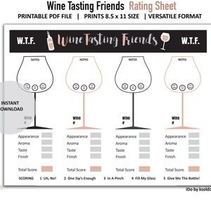 WTF Wine Tasting Friends Bewertungsbogen - Wein-Bewertungsbogen - Weinprobe-Notizen - Weinprobe-Party - Wein-Score-Karten - zum Ausdrucken und Herunterladen