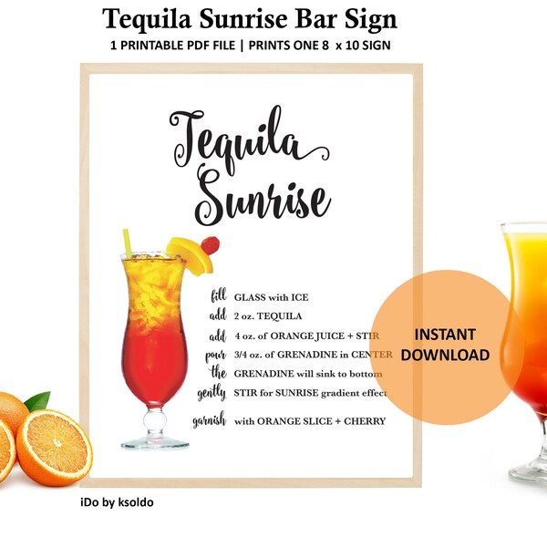 Tequila Sunrise Bar Sign - Tequila Sunrise  - Tequila Sunrise Cocktail - Cocktail Recipe - Tequila Sunrise - Digital Print - Sign -Printable