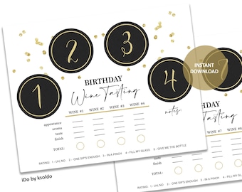 May include: Two printable wine tasting sheets with a black and gold design. Each sheet has circles numbered 1-4 and 5-8. The text "Birthday Wine Tasting" is at the top, with space to rate appearance, aroma, taste, and finish.