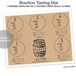 Bourbon Tasting Mat for 5 Tastings - Bourbon Tasting Party - Bourbon Tasting -Bourbon Rating - Bourbon Scorecard - Bourbon Notes - Printable
