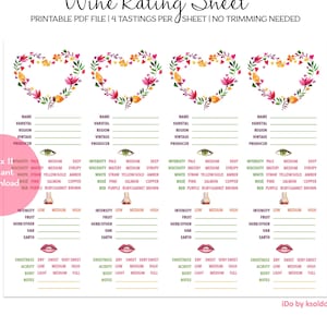 Peut inclure: Une fiche de dégustation de vin imprimable avec de l'espace pour quatre dégustations par feuille. La conception comprend des accents de cœur floral et des sections pour les caractéristiques du vin telles que l'intensité, l'acidité et la douceur. Le texte comprend "Wine Rating Sheet".