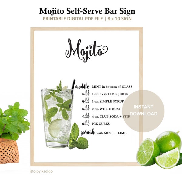 Panneau de bar libre-service Mojito imprimable - Recette de boisson Mojito - Recette de cocktail Mojito - Panneau Mojito - Panneau de bar libre-service - Mojito -Mint To Be