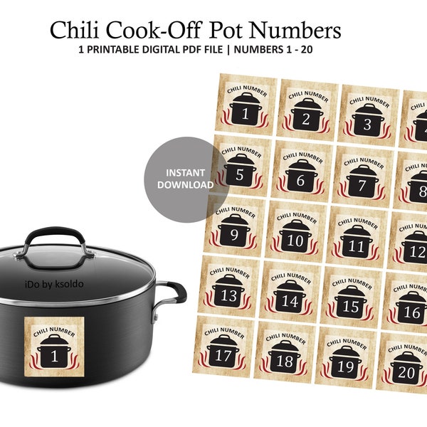 Chili Cook Off Printable Pot Numbers 1 - 20 - Chili Cook Off - Chili Competition - Chili Contest - Numbers - Printable - Instant Download