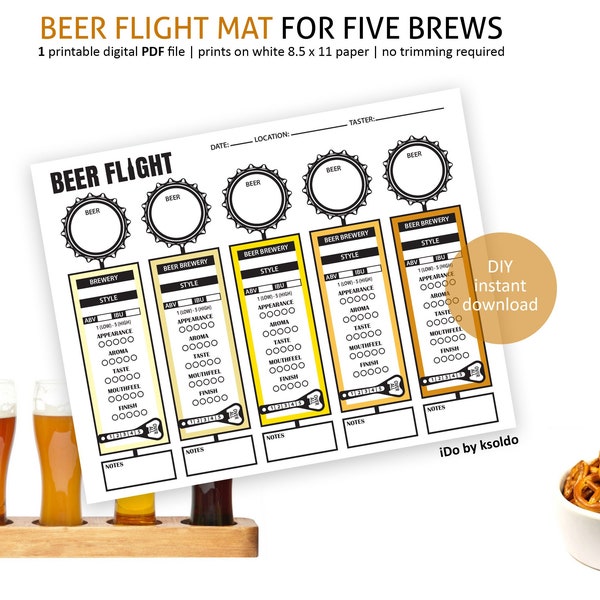 Beer Flight Mat for 5+ Brews - Beer Tasting - Beer Scorecard -Beer Notes - Beer Rating - Craft Beer Tasting -Beer Bash -Beer -Brew Printable