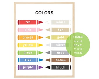 Könnte beinhalten: Eine druckbare Tabelle mit den Namen von 12 Farben, die in schwarzem Text geschrieben sind, mit einer Crayon-Illustration jeder Farbe. Die Tabelle listet auch 4 Größen auf: 8 x 10, 8,5 x 11, 11 x 17 und 16 x 20.