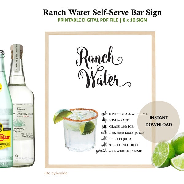 Printable Ranch Water Self Serve Bar Sign -Ranch Water Drink Recipe -Ranch Water Cocktail Recipe -Ranch Water -Cocktail -Bar Sign -Printable