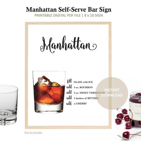 Manhattan Cocktail Self Serve Bar Sign - Manhattan Cocktail Drink Recipe -Manhattan Cocktail Recipe -Manhattan Cocktail -Bar Sign -Printable