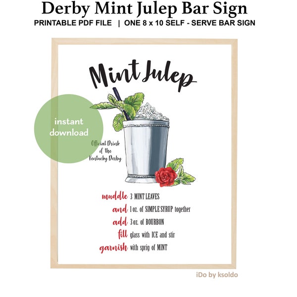 Traditional MINT JULEP Recipe - Mint Julep Bar Sign - Kentucky Derby Sign - Mint Julep Cocktail - Kentucky Derby Party - Mint Julep Recipe