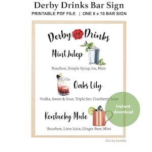 Kentucky Derby Drinks - Kentucky Derby Bar Sign - Kentucky Derby Cocktails  - Mint Julep - Oaks Lily - Kentucky Mule - KY Derby Party - Sign