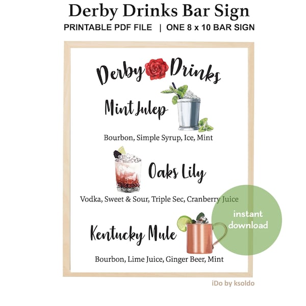 Kentucky Derby Drinks - Kentucky Derby Bar Sign - Kentucky Derby Cocktails  - Mint Julep - Oaks Lily - Kentucky Mule - KY Derby Party - Sign