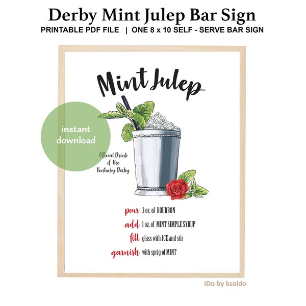 Easy MINT JULEP Recipe Bar Sign - Kentucky Derby Sign - Mint Julep Bar Sign - Mint Julep Cocktail -Kentucky Derby Party -Derby Bridal Shower