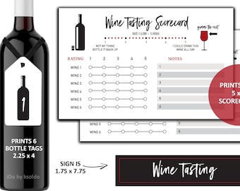 May include: Printable wine tasting kit with two 5x8 scorecards, six 2.25x4 bottle tags, and a 1.75x7.75 sign. The kit includes a wine tasting scorecard with a rating scale and space for notes. The scorecard has the text "gimme the rest" and an arrow pointing to a glass of wine. The kit also includes a bottle tag with the number 1 on it. The kit is designed for a wine tasting party.