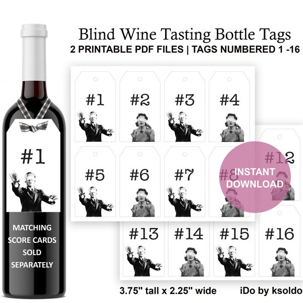 Wine Tasting Bottle Number Tags 1 - 16 - Wine Bottle Number Tags - Blind Wine Tasting - Wine Tasting - Bottle Numbers - Number Tags - Retro