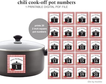 May include: Printable chili cook-off pot numbers. Twenty 5 cm square labels with red and white checkered backgrounds, black text, and a chili pepper graphic. The labels are numbered 1 through 20.