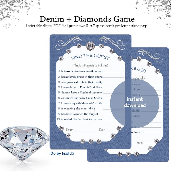 Denim and Diamonds Find The Guest Game - Denim and Bling - Blue Jeans and Bling - Icebreaker - Denim and Diamonds -Printable -Game -Download